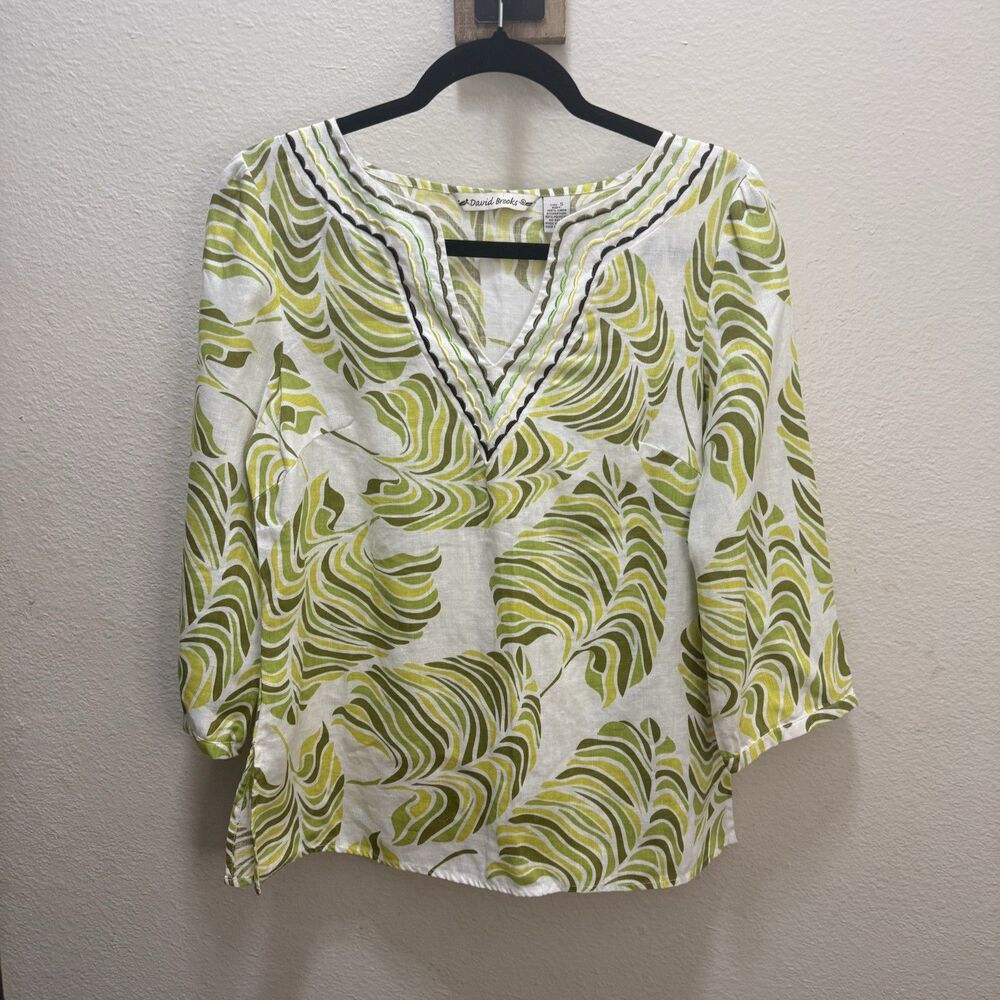 David Brooks 100% Linen Tropical Boho Resort Blouse Green Size S